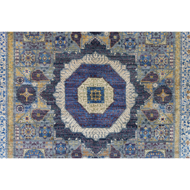 Tapis argenté et blanc de haute qualité noué à la main