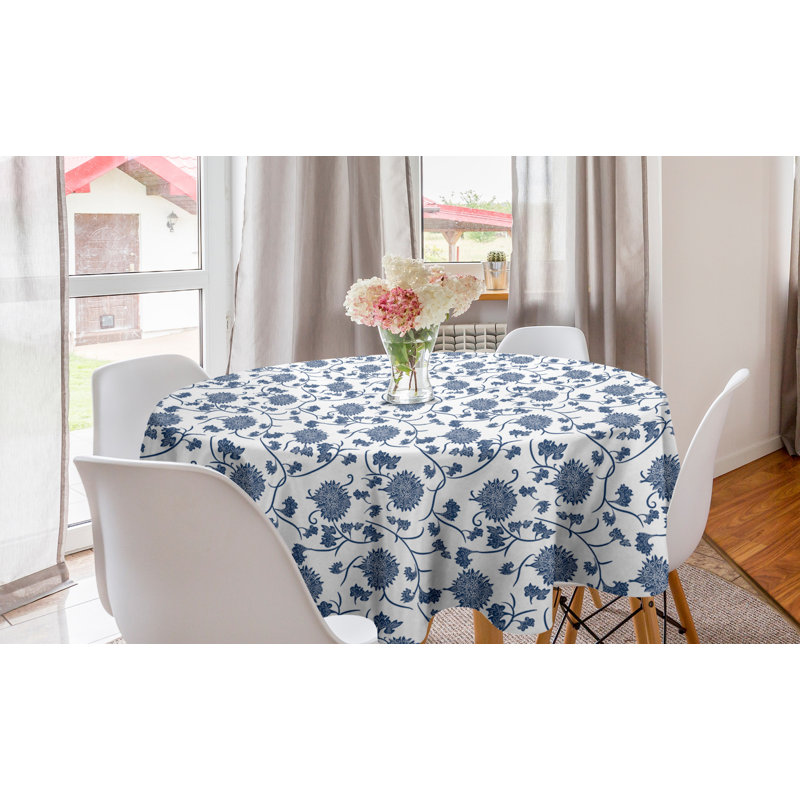 Ambesonne Blue Round Tablecloth, Chinese Floral Garden Pattern Nature Inspirations With Traditional Ornament Design, Circle Table Cloth Cover For Dining Room Kitchen Decoration, 60", Blue White