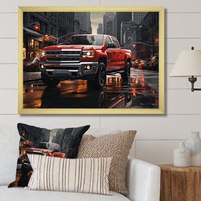 Red Pickup Truck Cityscape Hauler II - Transportation Canvas Art Print