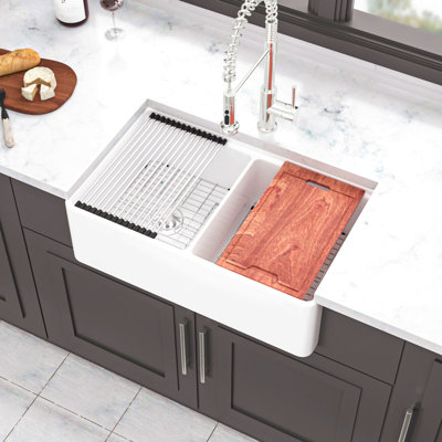 Station de travail blanche Farmhouse Sink - Évier de cuisine de ferme en céramique blanche à cuve de 33 pouces