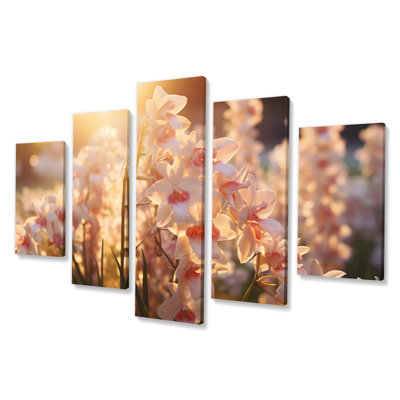 'White Orchids Field With Sunset - Floral Canvas Print - 5 Panels