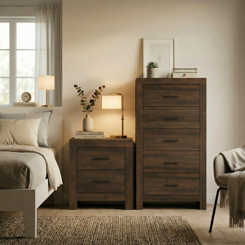 Ensemble de chambre à coucher avec table de chevet et commode, Brown