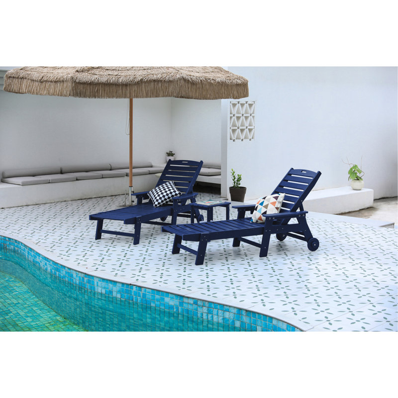 Outdoor Lounge Chair  2 , 5 With Wheels & Cup Holder, Navy Blue, Corroding For Pool, Deck, Patio Stain, Navy Blue