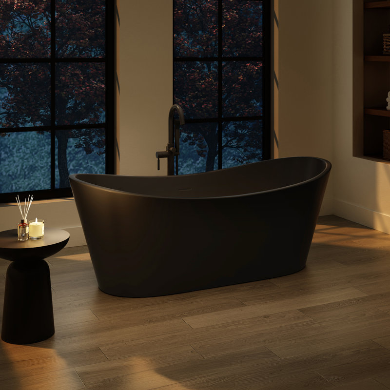 Herschel 60" x 28.74" Solid Surface Freestanding Matte Black Acrylic Soaking Bathtub, with Overflow and Matte Black Pop-up Drain