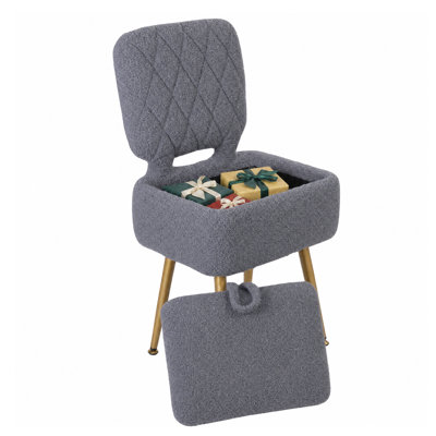 Fauteuil d'appoint Sherpa avec rangement dissimulé - Tabouret de maquillage pliable, fauteuil de lecture/détente compact pour petits espaces, accessoires inclus - Gris