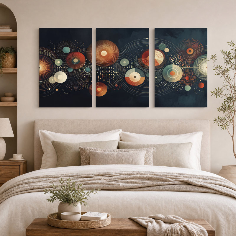 Ensemble de 3 tableaux sur toile représentant des cercles géométriques abstraits orange et turquoise, 24"H x 16"W x 3pcs