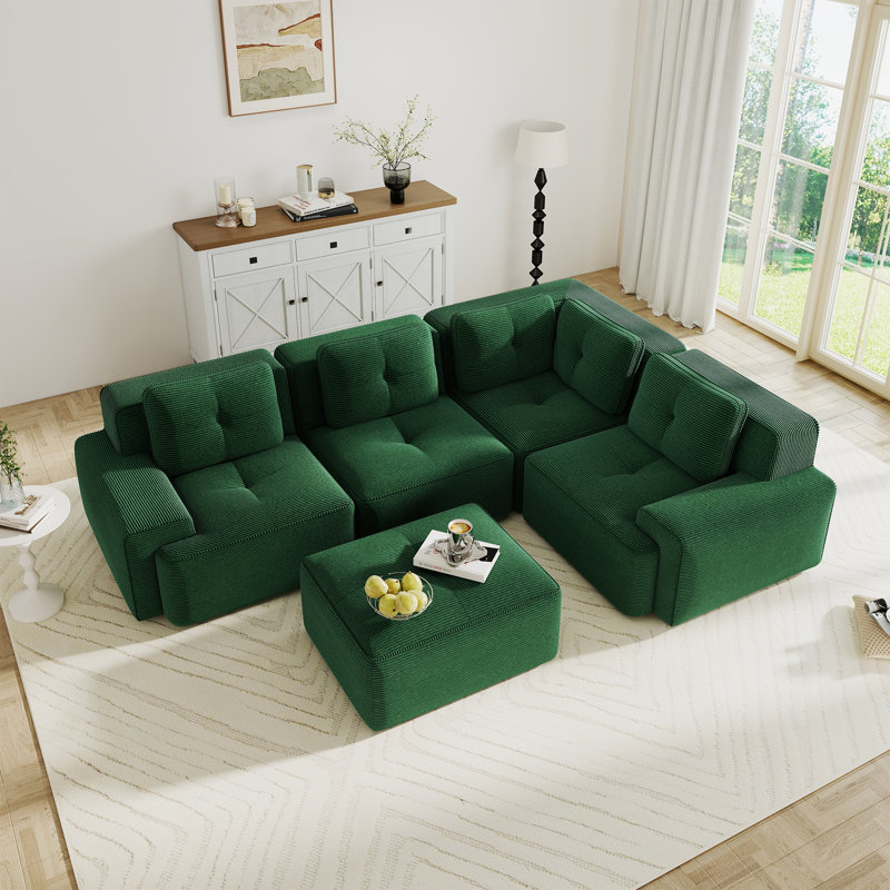 Canapé modulaire de salon avec canapé à 4 places en V, tissu velours côtelé, sans assemblage, Velours côtelé vert