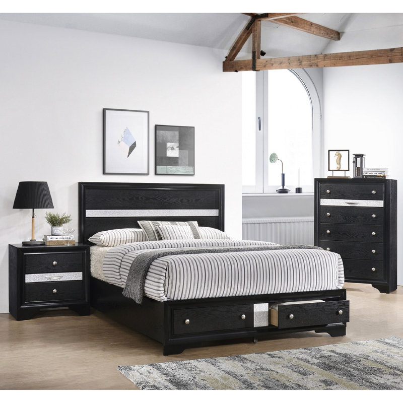 Mobilier de 3 chambres - Bois massif, finition noire, avec base et table de chevet moderne à 3 tiroirs, plateau coulissant