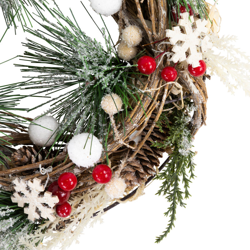 Mini couronne de Noël givrée en forme de pin givré avec baies et étoiles de 10 pouces