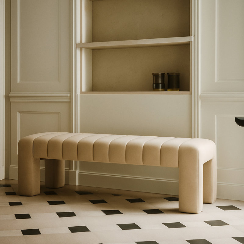Banc en bois massif Kareem, Velours brun clair