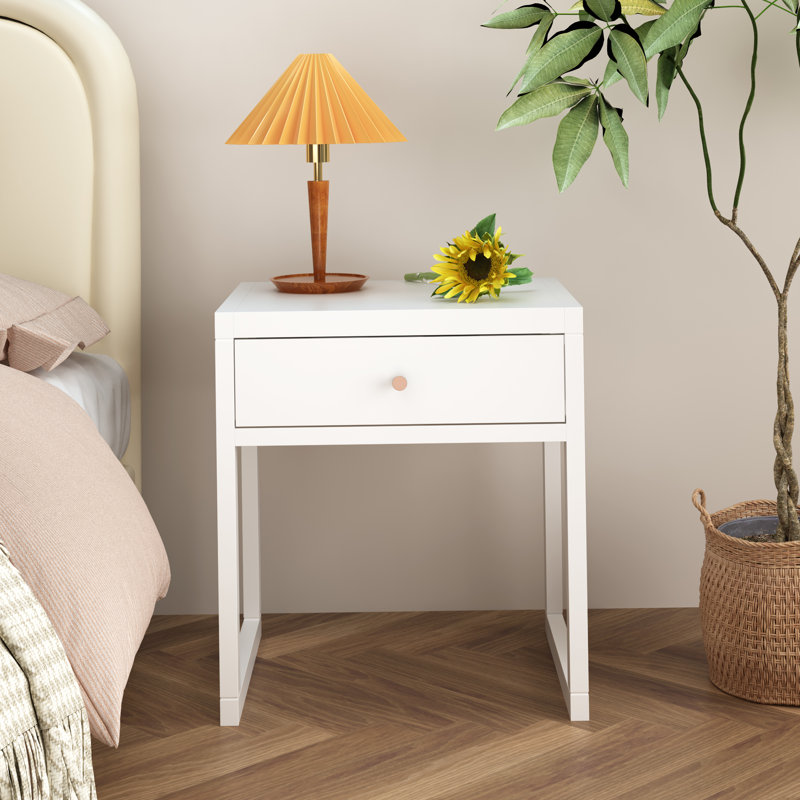 Modern White Nightstand With Drawer, Minimalist Bedside Table With Wood Knob, Compact End Table
