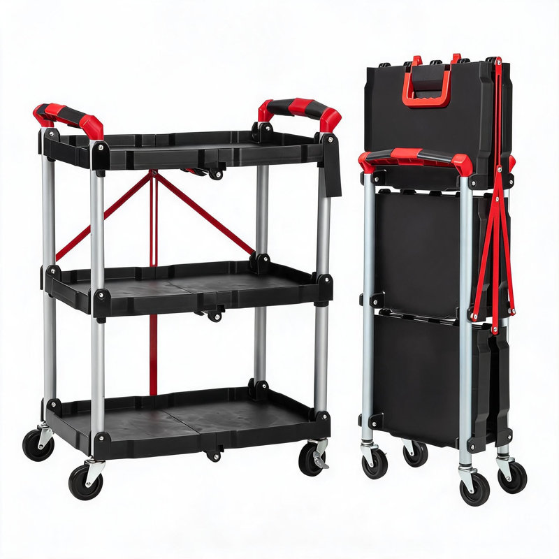 3 Tier Foldable Utility Trolley 165lb Capacity Rolling Service Cart Space Saving Portable Mobile Storage Cart