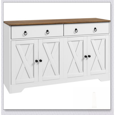 Buffet Farmhouse avec 2 tiroirs, 2 armoires de rangement et 4 portes de style grange pour un rangement et une présentation élégants