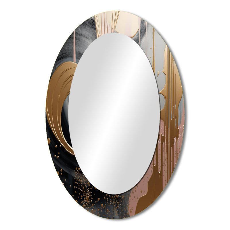 Abstract Pink And Gold Liquid Ink Circles III - Gold Oval Wall Mirror Decor, 36" x 24"