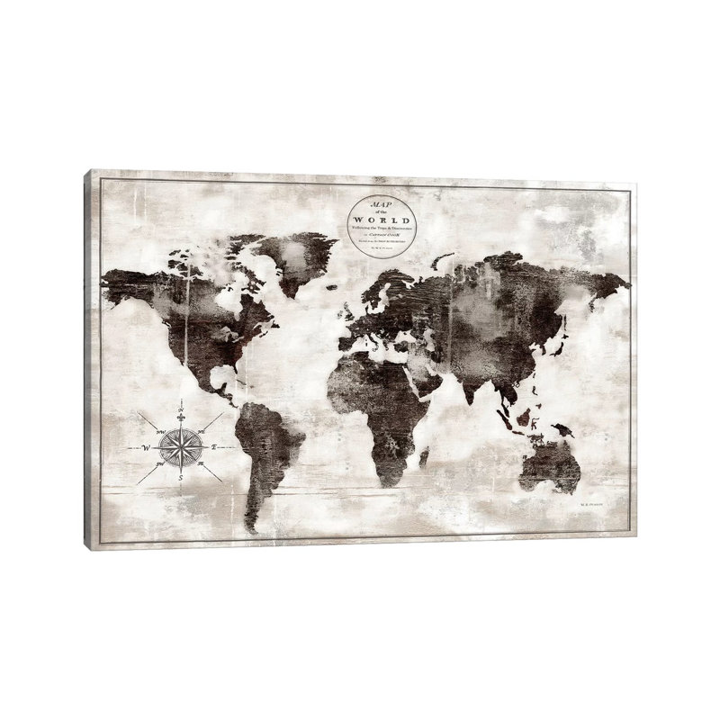 «Rustic World Map Black and White» par Marie Elaine Cusson - impression sur toile tendue, H 26 po x l 40 po x 1,5 po