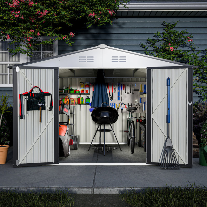 10x8 Ft Backyard Storage Shed - Galvanized Steel, Lockable Doors, Grey For Garden, Patio, Lawn Metal With Sloped Roof, White