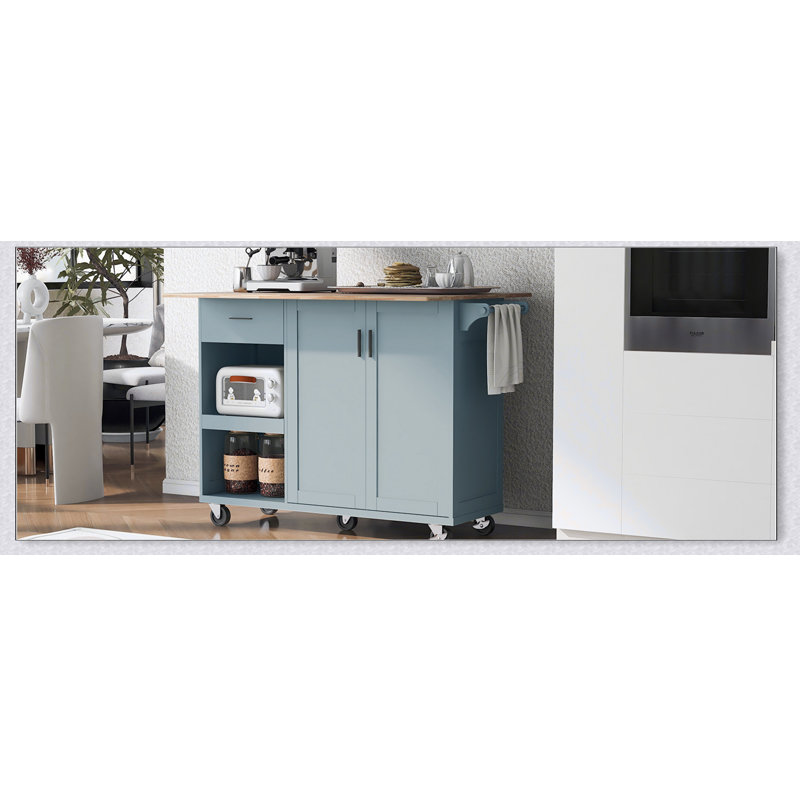 Îlot de cuisine polyvalent avec comptoir pliable, rangement et roulettes pour plus d'espace et de fonctionnalité, Bleu gris