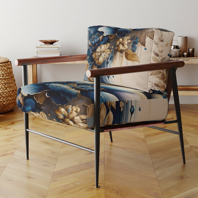 Blue and Gold Floral Bunch III - Fauteuil de ferme rembourré, chaise d'appoint rustique à motif floral, Noir