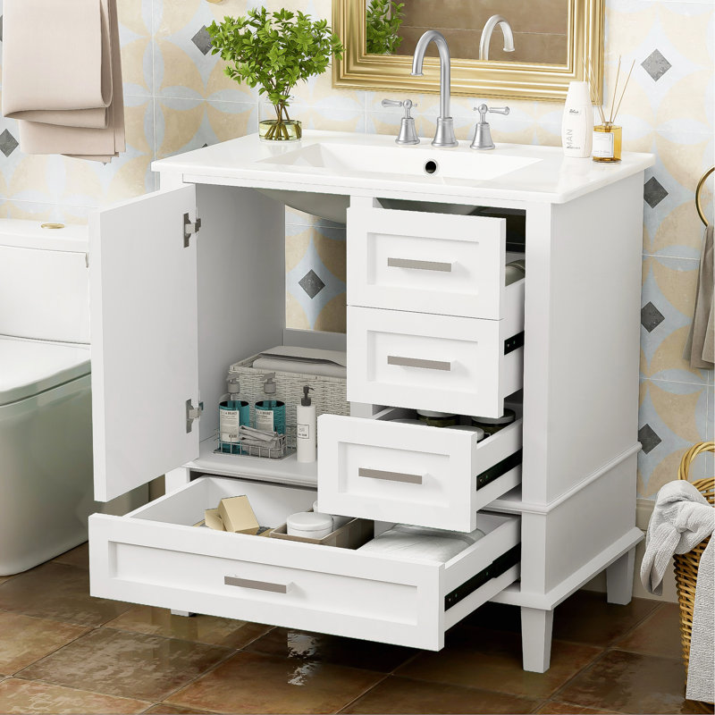 Ensemble de meuble-lavabo moderne avec ensemble lavabo 30 po, meuble-lavabo moderne avec porte à fermeture douce et 3 tiroirs, structure en bois massif (blanc)