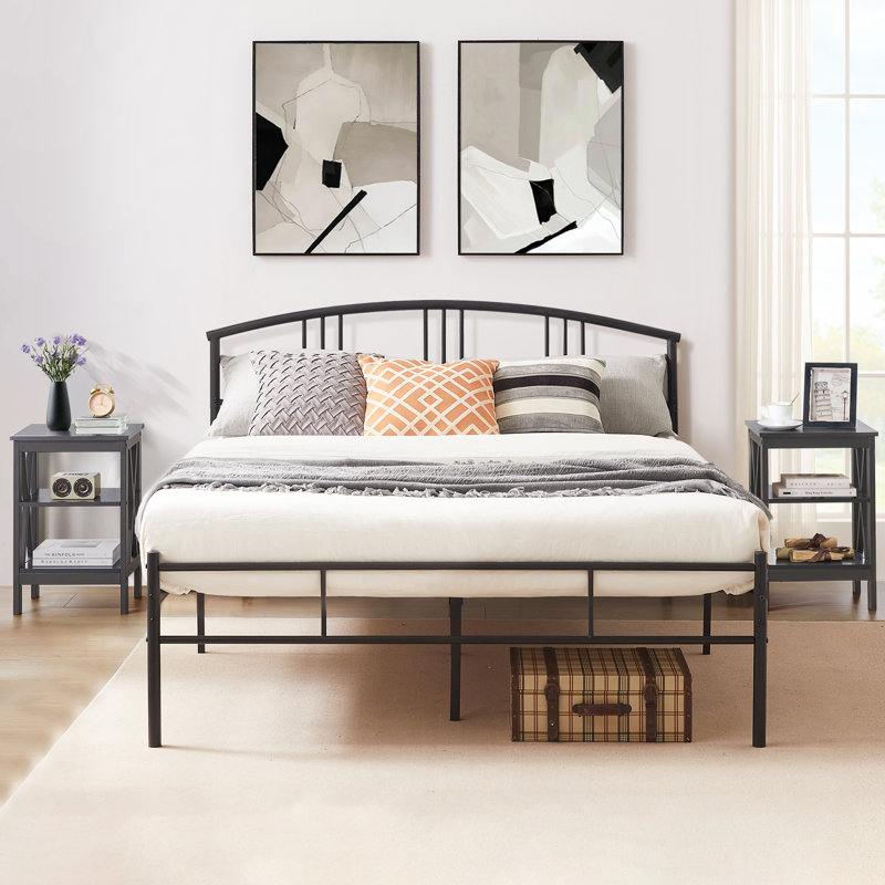 Full Metal Bed with 2 Black Nightstands – 3 Piece Modern Bedroom Set, Full, Black
