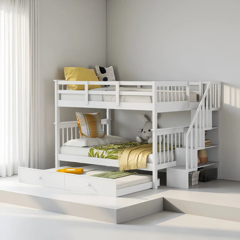 Full-Over-Full Bunk Bed With Twin Size Trundle, White