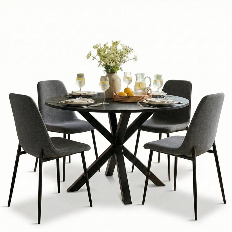 Folmar 39.5" W 5-Piece Round Dining Set with Chenille Chairs, Dark Gray
