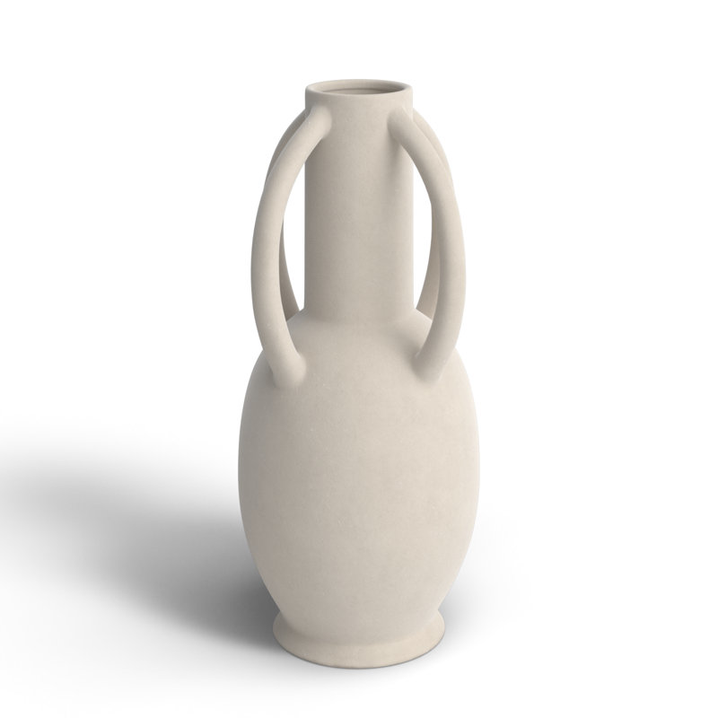 Ceramic Textured Decorative Vase with 4 Handles, 13.95" H x 13.95" W x 13.95" D, Cream