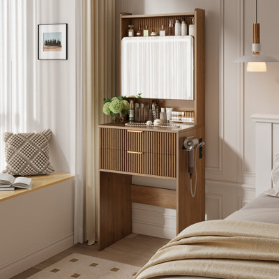 Meuble-lavabo 21 po, meuble-lavabo cannelé en noyer avec miroir lumineux à DEL et deux prises et port USB, pour chambre à coucher et appartement