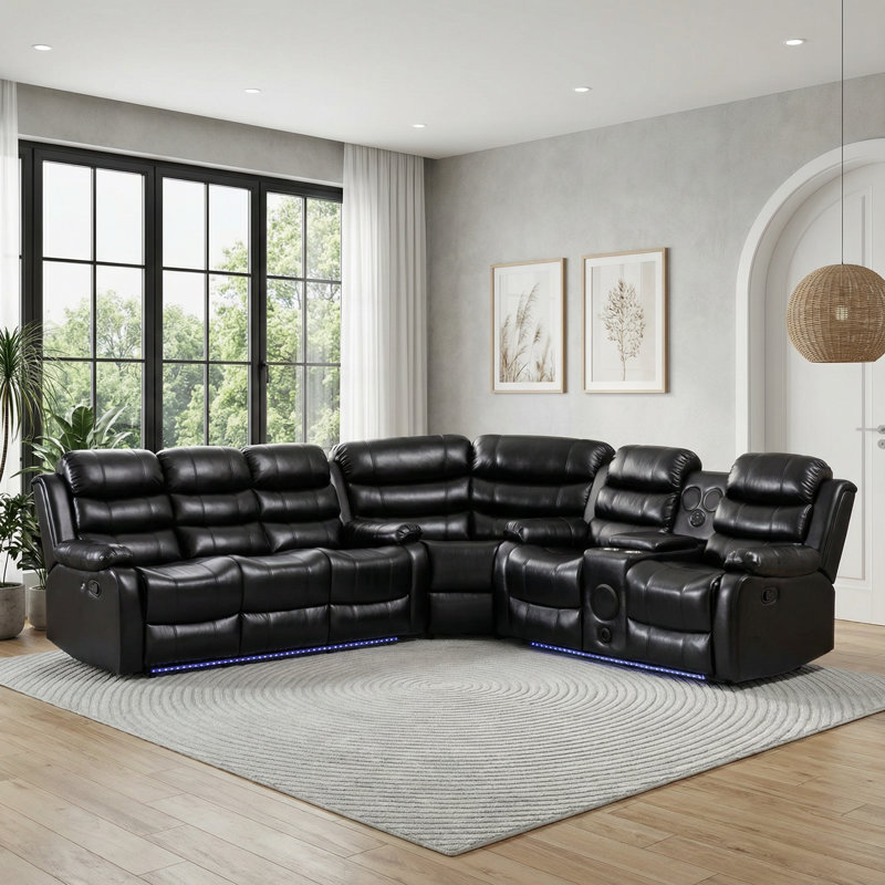 3 Piece Faux Leather Reclining Sectional with LED Lighting, Bluetooth Speaker & Charging Console, Black