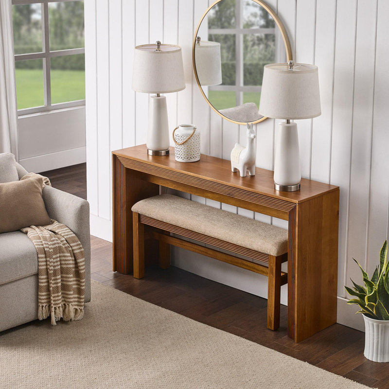 Console cannelée avec tabouret de bar rembourré en tissu, Brun