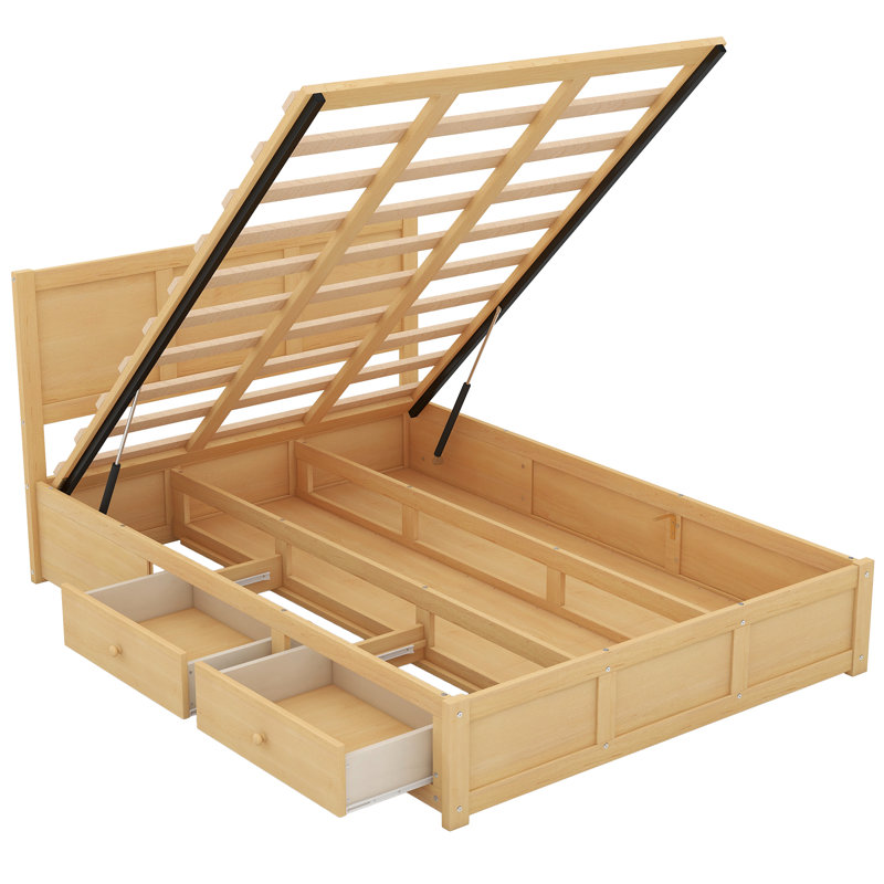Lit plateforme avec rangement inférieur et 2 tiroirs profonds - Structure de chambre à coucher en bois naturel, essentiel