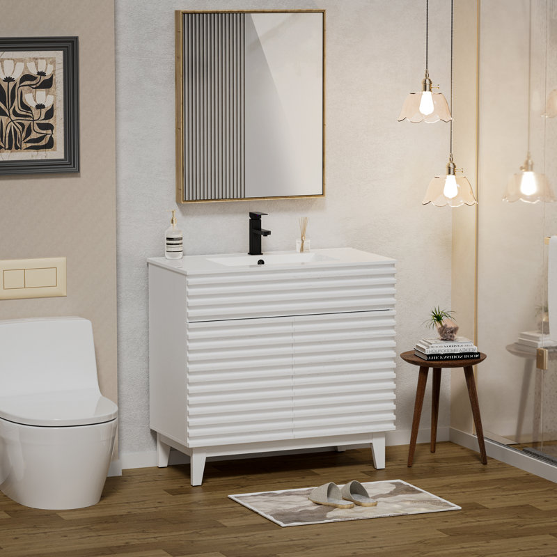 Ensemble de meuble-lavabo simple autoportant 30 po avec lavabo, robinet en alliage de zinc Marilyse Sharee, Blanc