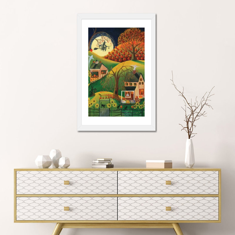 «Halloween Witches House» par Cheryl Bartley - impression d'art graphique, H 24 po x l 16 po x P 1 po, Papier encadré blanc