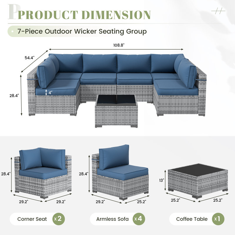 Cawanna 7 Piece Outdoor Rattan Seating Group with Cushions, Non, Bleu marine