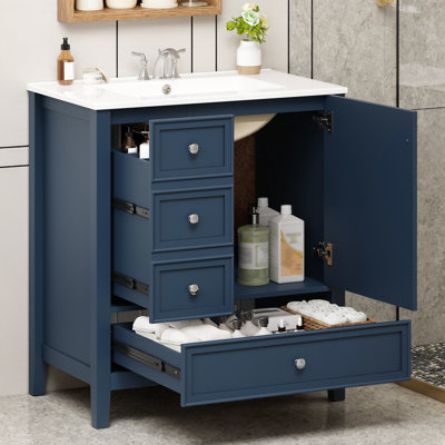 Meuble-lavabo de 30 po avec lavabo, armoire en bois massif et panneau de fibres à densité moyenne, trois tiroirs et une porte, lavabo en céramique avec trop-plein, finition peinte, rangement de salle de bain moderne autoportant avec poignées rondes argentées