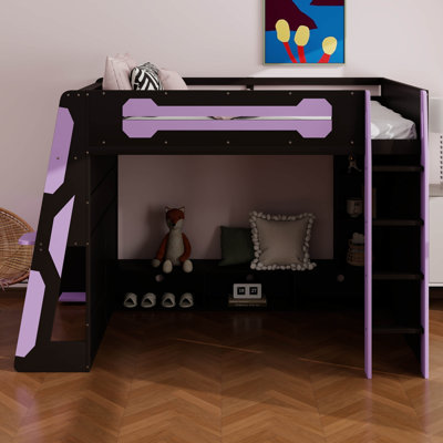 Lit mezzanine en bois avec bureau, tablettes multi-rangements, lumière RVB et station de recharge pour adolescents, adultes