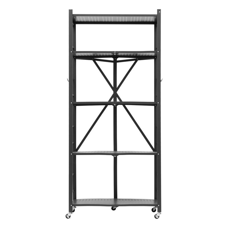 Étagère de rangement pliable à 5 niveaux en acier robuste avec roulettes, capacité de 340 kg, hauteur 162,5 cm.