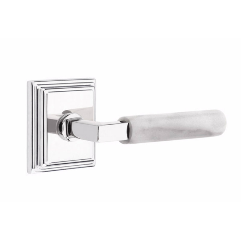 Ensemble de leviers de passage Emtek Select, rosette Wilshire, tige carrée en L, poignée en marbre blanc, gauche, Chrome poli