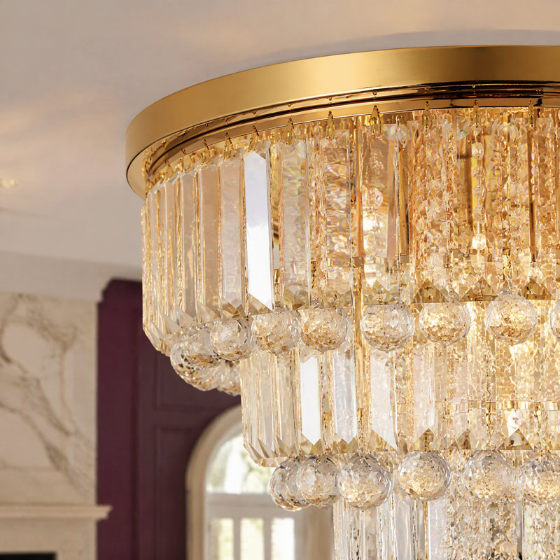 Lustre moderne encastré à 6 lumières en cristal K9 doré français de 51 cm (20 po), forme goutte de pluie., Doré