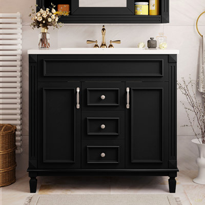 Meuble-lavabo 36 po avec lavabo supérieur, armoire de rangement moderne avec 2 portes à fermeture douce et 2 tiroirs, meuble-lavabo simple