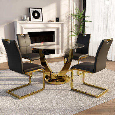 Ensemble de table de salle à manger de 47,2 po pour 4 personnes, table de salle à manger moderne en verre 47,2 po, table de base moderne en acier inoxydable doré et chaises rembourrées en similicuir