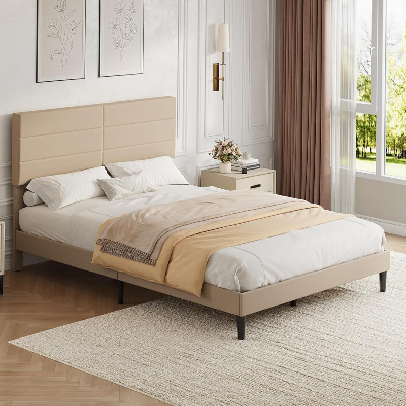 Base de lit grand format avec tête de lit réglable, base de lit plateforme tapissier moderne, mobilier de chambre à coucher, support en lattes de bois robuste, tissu en lin silencieux, sans sommier, beige