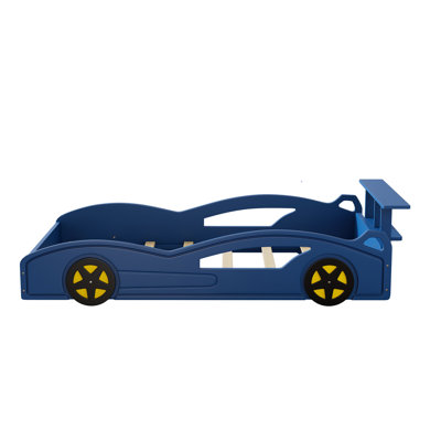 Wooden Race Car Bed,Car-Shaped Platform Twin Bed With Wheels For Teens,Blue & Yellow