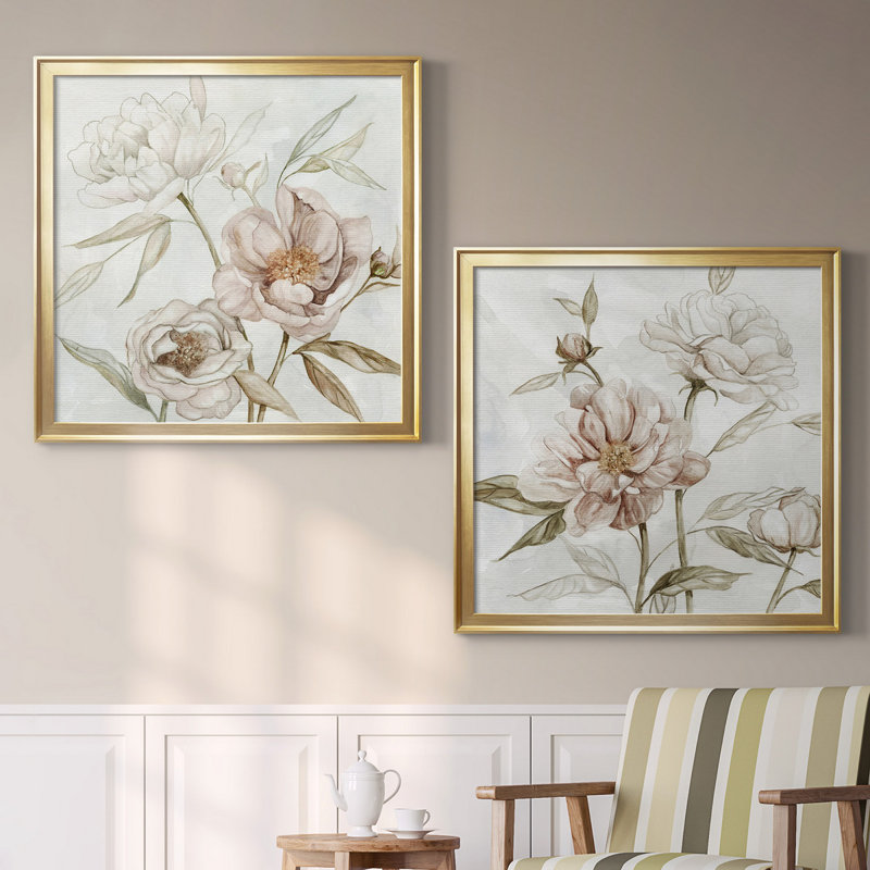«Washed Botanical I», ensemble de 2 reproductions, H 34,5 po x l 69 po x P 1,5 po, Toile encadrée dorée, Pas de tapis
