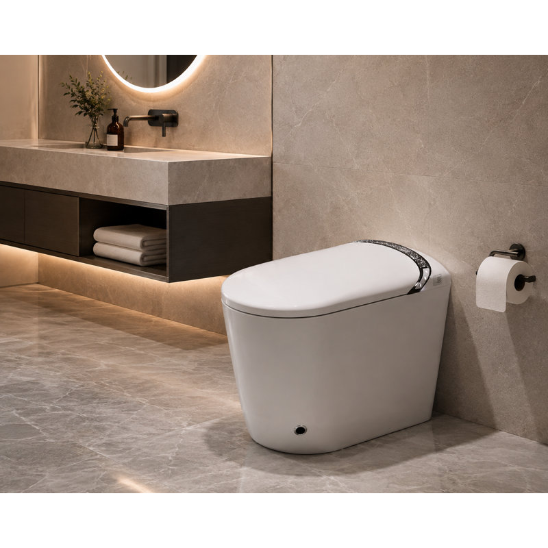 Toilette intelligente avec bidet Yingze, bouclier en mousse automatique et chasse de pieds - siège chauffant sans réservoir, séchoir à air chaud, veilleuse à DEL, buse autonettoyante, toilette moderne une pièce pour la salle de bain
