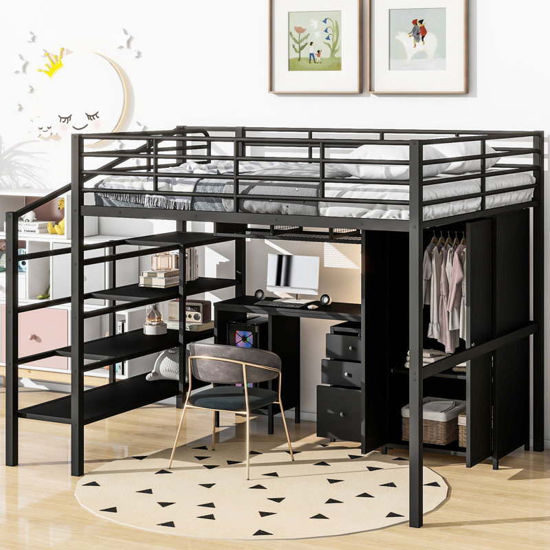 Lit mezzanine double en métal avec table et garde-robe, noir - construction contemporaine, cadre robuste, choix de rangement abondants, processus d'assemblage simples complets, conception, structure du cadre, espaces généreux, procédure facile