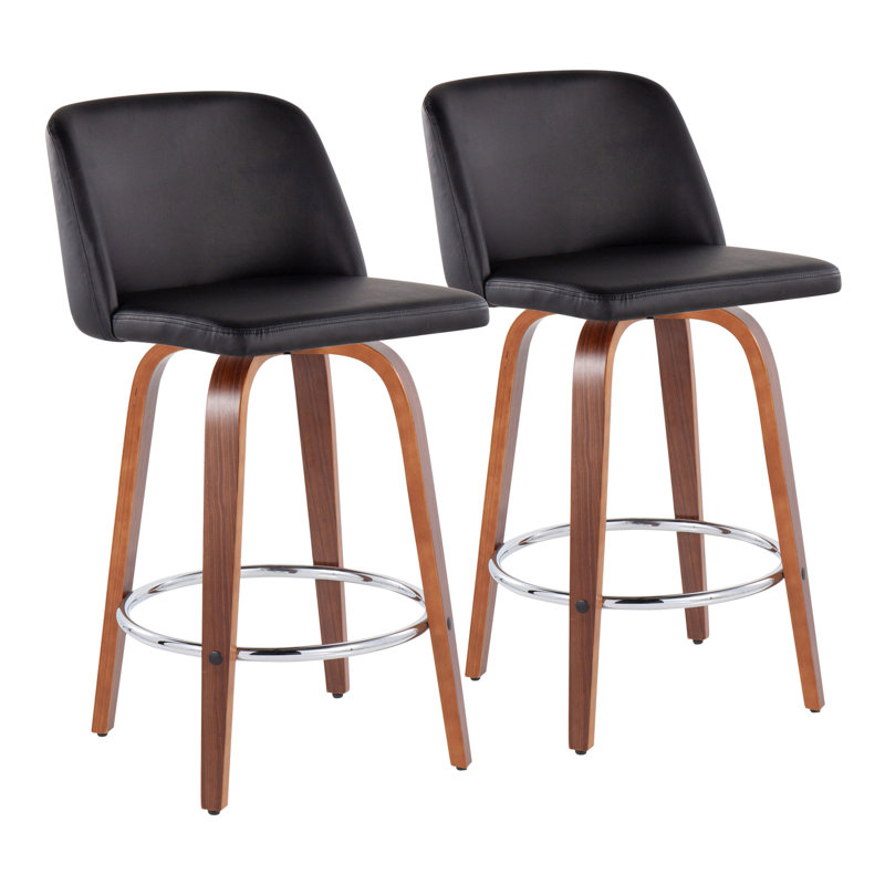 Toriano Mid-Century Modern Fixed-Height Counter Stool In Walnut Wood With Round Chrome Footrest And Black Faux Leather By Lumisource - Set Of 2