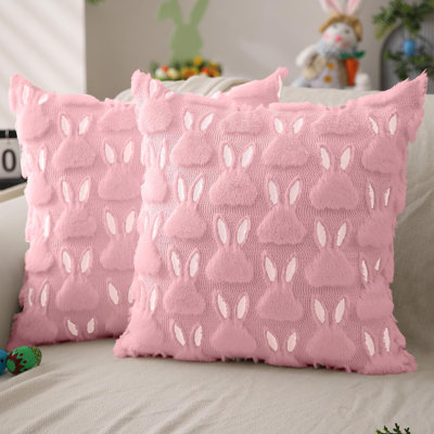 18" Easter Bunny Throw Pillow Covers Set Of 2, Plush Faux Fur Ears For Sofa, Bedroom Or Holiday Decor