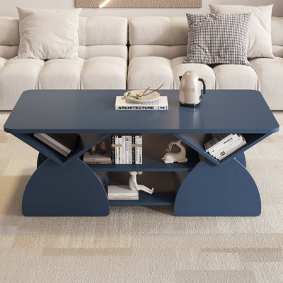 Blue Rectangular Coffee Table With Rounded Corners, 6 Storage Spaces, Easy Assembly, For Guest Room Engineered Wood Open Shelves, Independent Storage, Edges, Living