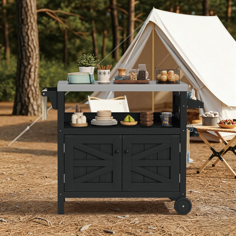 HDPE Bar Cart Portable Outdoor Table Made of Durable Wood-look Resin And Stainless, Black